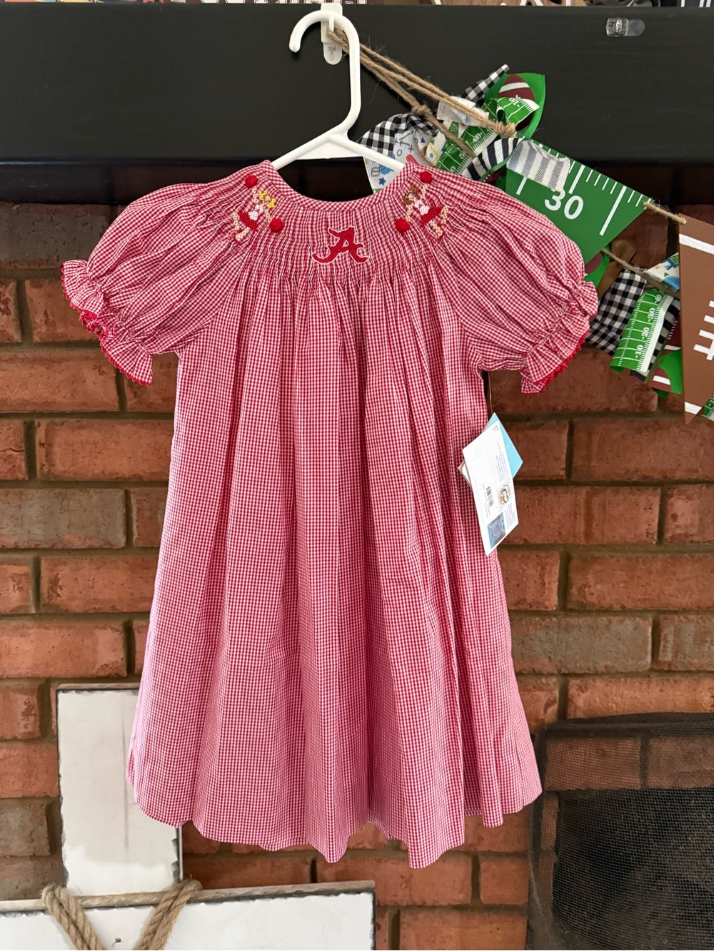 Little Girls' Alabama Red Gingham Hand-Smocked Dress with Puff Sleeves